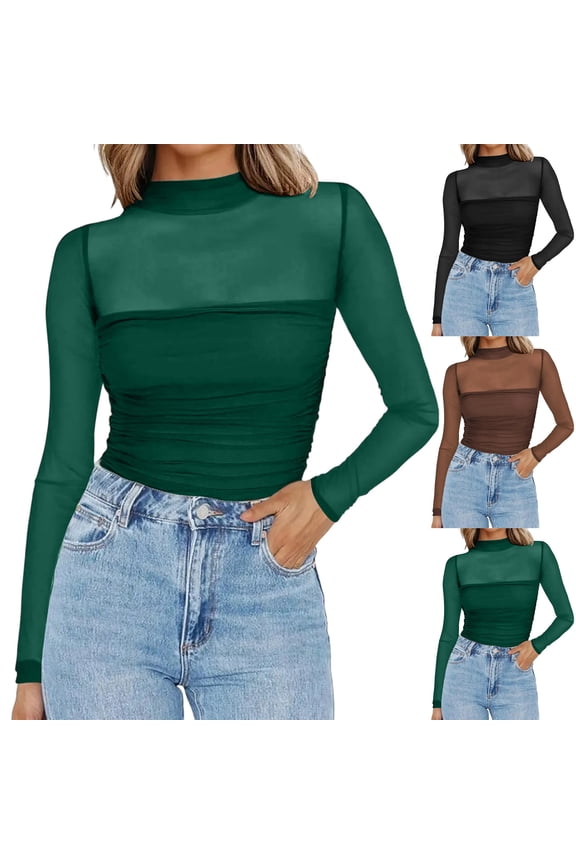 Womens Lace Sheer Mesh Long Sleeve Tshirt Mock Turtle Neck See Though Tops Ruched Tight Fitted Casual Going Out Blouses Brown M
