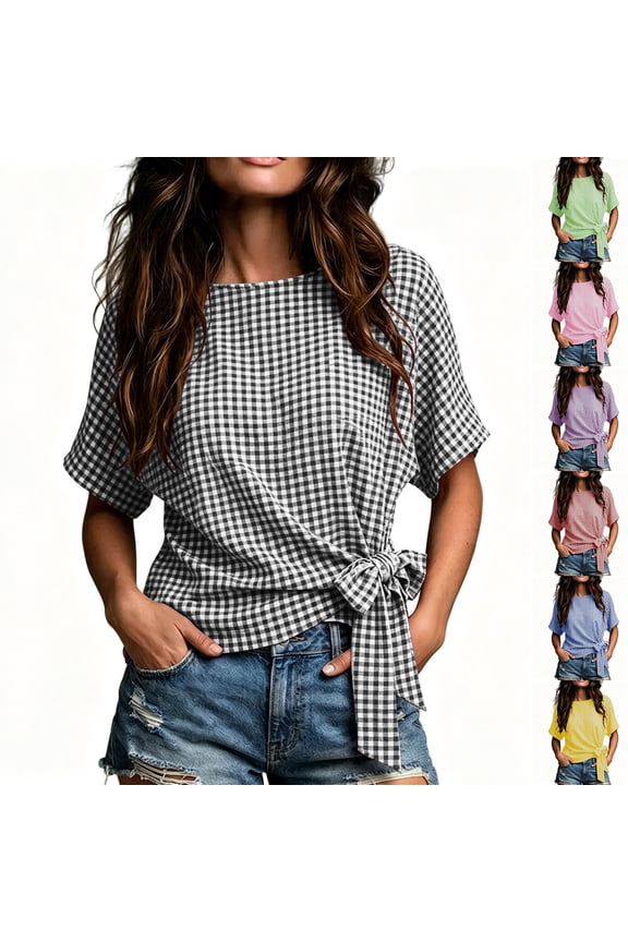 Womens Tie Knot Side Peplum Tops Fashion Plaid Gingham Tops Short Sleeve Boat Neck Tee Shirts Black L