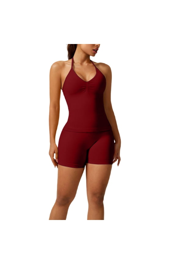 Workout Sets for Women 2 Piece Seamless Impact Longline Strappy Bras Stretchy Butt Lift High Waist Biker Shorts Athletic Gym Set Red M