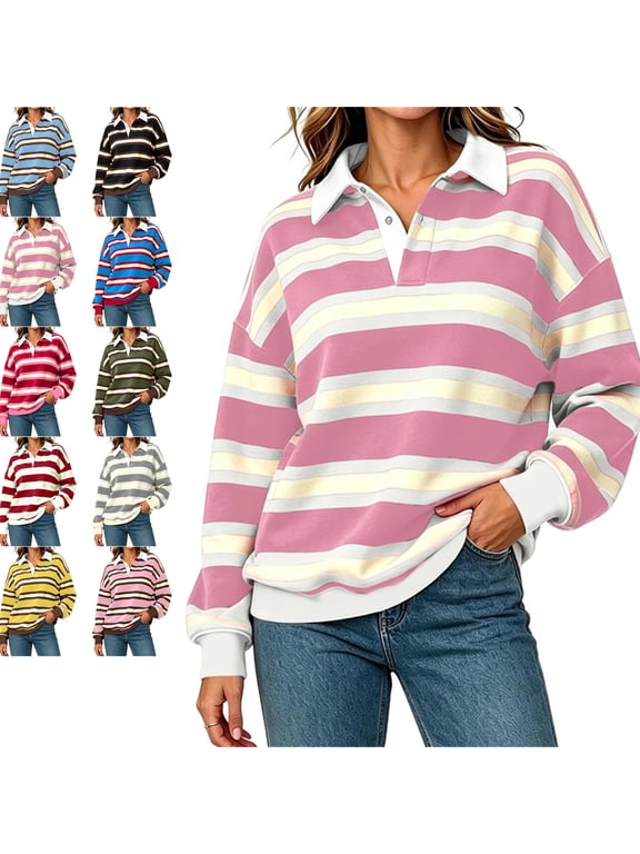 Y2k Women Striped Rugby Shirt Long Sleeve Collared Oversized Sweatshirt Vintage Jersey Streetwear Top Casual Loose Outdoor Sports Golf Pullover