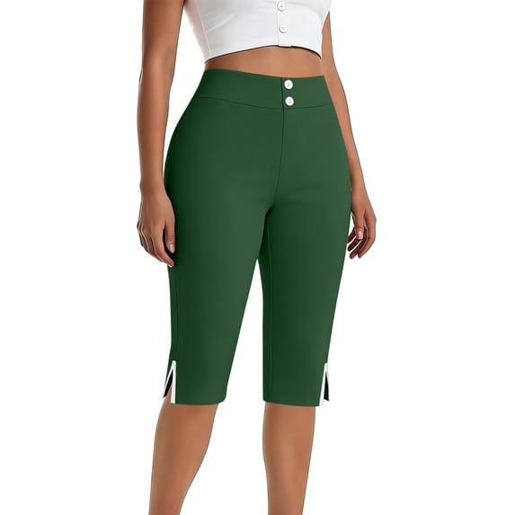 AHTJRT Yoga Capris for Women Stretchy Elastic High Rise Button Waistband Summer Capris Leggings Side Slit Casual Workout Active Crop Trousers Green XXL