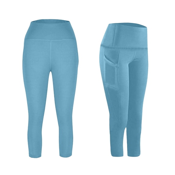 AHTJRT Yoga Capris for Girls High Waist Stretchy Leggings with Pockets Inseam Tummy Control Workout Lounge Yoga Pants Light Blue 4-5 Years