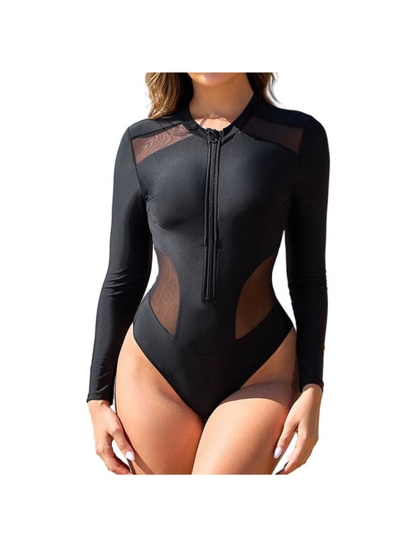 Zip Up Swimsuit for Women Slim Fit Tummy Control High Cut Long Sleeve Rash Guard Bathing Suits Cutout Sheer Mesh Cheeky See Thru Swimwear Black M