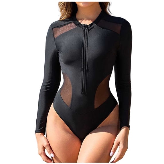 AHTJRT Zip Up Swimsuit for Women Slim Fit Tummy Control High Cut Long Sleeve Rash Guard Bathing Suits Cutout Sheer Mesh Cheeky See Thru Swimwear Black XL