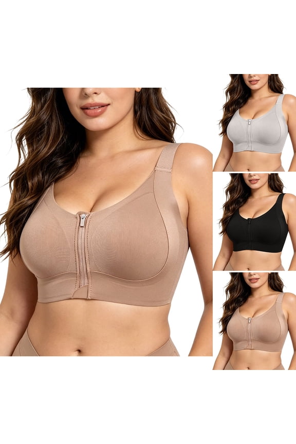 Zipper Front Bra for Women Plus Size Covenient Convertible Mastecomy Bras Push Up Bust Shaping Post Correcting Bralettes Black XXL