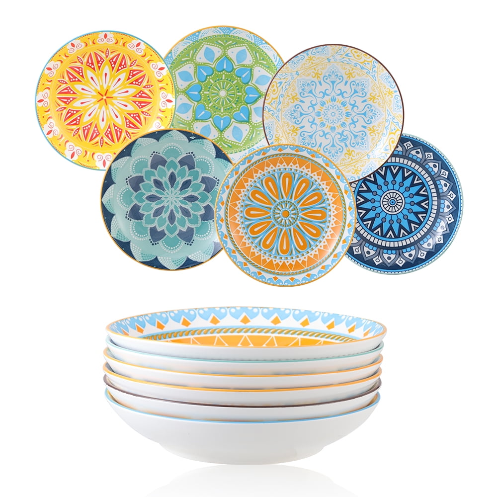 "AHX Multicolor 6 Pack Ceramic Pasta, Salad, Soup Bowls 8"" Wide