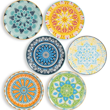 AHX Multicolor Round Porcelain Plate Set 8 inch - Salad Plates - Dessert Appetizer Plates - Set of 6