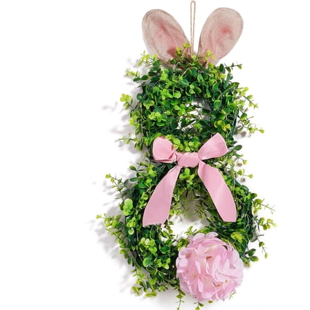 AHeartcove 17.8Inch Easter Bunny Wreath, Spring Greenery Wreath with Bow, Bunny Shaped Wreath for Front Door, Artificial Easter Wreath for Easter Wall Home Window Decor (A)
