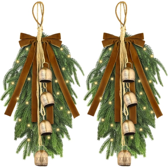 AHeartcove 2 Pieces 20" Christmas Teardrop Swag for Front Door with Brown Bowknot and Lights Artificial Norfork Pine Needles Greenery Swags Wreaths for Christmas Indoor Outdoor Decorations