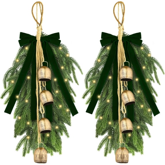 AHeartcove 2 Pieces 20" Christmas Teardrop Swag for Front Door with Green Bowknot and Lights Artificial Norfork Pine Needles Greenery Swags Wreaths for Christmas Indoor Outdoor Decorations