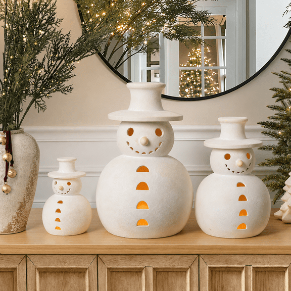 AHeartcove Christmas Decorations - Handmade Terracotta White Ceramic Snowman Christmas Tabletop Decor, 1-Piece Modern Farmhouse Snowman Statues for Holiday Mantel Console Table Display,5.9 INCH