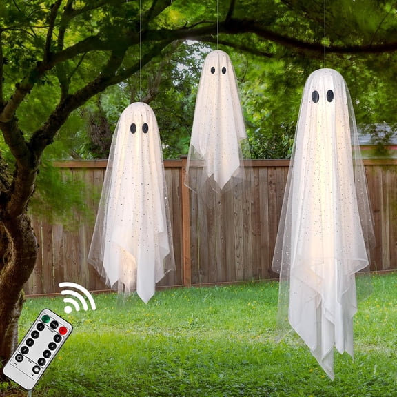 AHeartcove Halloween Hanging Ghosts Decoration, 3-Pack Spooky Floating Fabric Ghosts with Sequined Netting for Front Porch Yard Tree, Includes 43-Inch and 31-Inch Cute Ghost Holiday Decor Set
