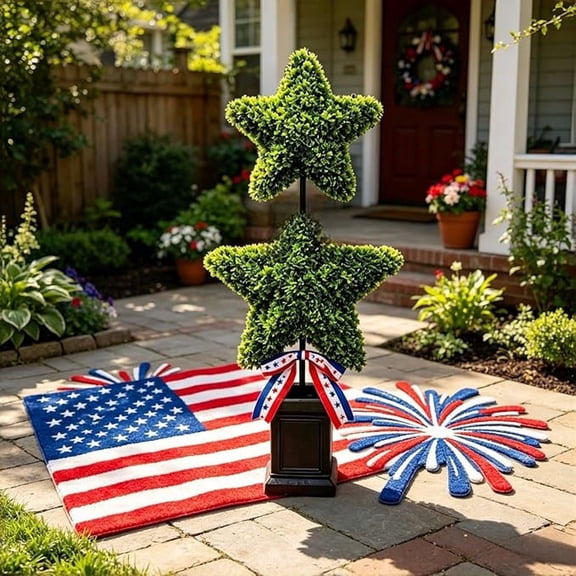 AHeartcove Patriotic Star Topiary Tree, 2 Star Artificial Boxwood Topiary Tree, Indoor Outdoor Patriotic Star Shaped Artificial Plant Decor For 4th Of July Indoor Outdoor Memorial Day Centerpiece