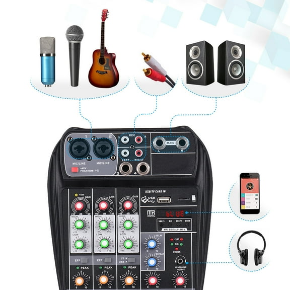 AI-4 Compact Mixing Console Digital Audio Mixer 4-Channel BT MP3 USB Input +48V Phantom Power for Music Recording DJ Network Live Broadcast Karaoke