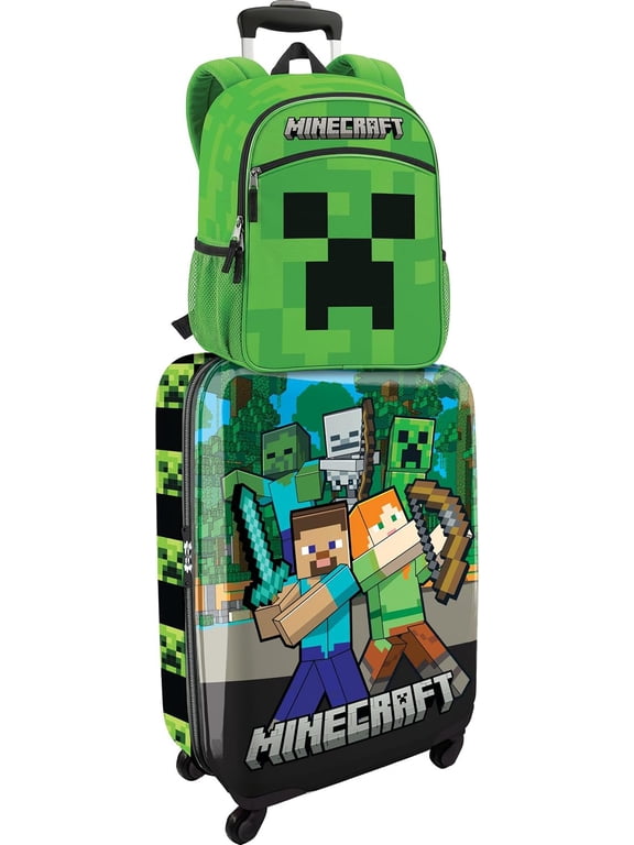 AI ACCESSORY INNOVATIONS Minecraft Kids Luggage and Backpack Set - 18" Luggage Suitcase With Wheels, 13.75" Backpack