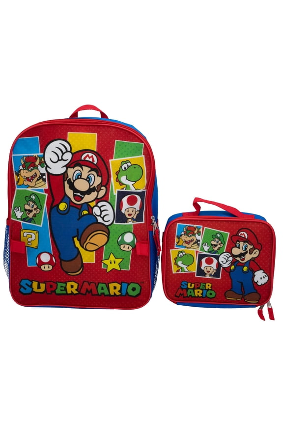 AI ACCESSORY INNOVATIONS Super Mario Brothers 2 Piece Backpack Set, Boys & Girls 16" School Bag, Blue