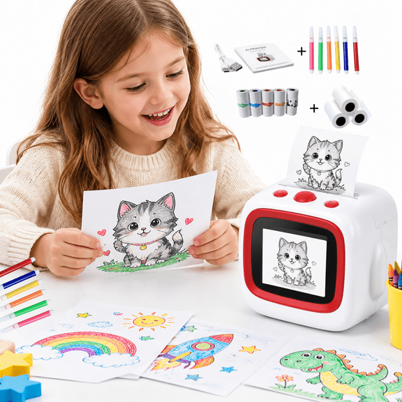 AI Drawing Printer for Kids, Voice-to-Image Creative Learning Toy with 2.4" IPS Screen, Inkless Thermal Printing, 6 Art Styles, App Connected Mini Printer for Drawing, Coloring, DIY Crafts & Birthday