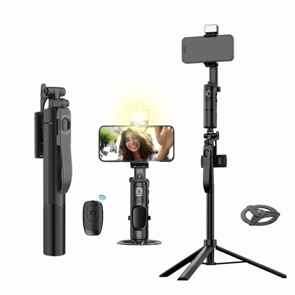 "AI Auto Face Tracking Tripod with 360 Rotation, Lightweight Aluminum Alloy Stand, Black Smart Phone Mount for Vlogging, Photography, Live Streaming, Content Creation, Stabilizer with Selfie Stick &