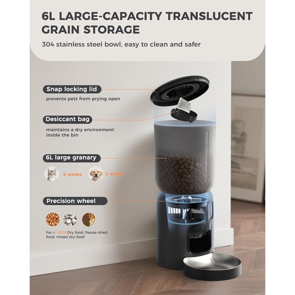 AI Automatic Cat Feeder with 2K HD Dual Cameras, 5G Wi-Fi 6L Dispenser