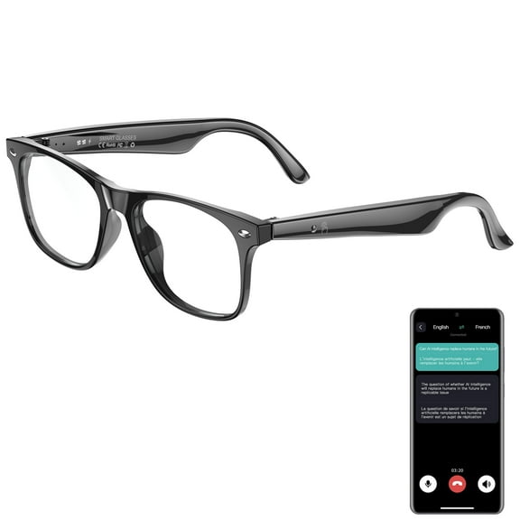AI Bluetooth Call Smart Glasses Men & Women with 163 Real-time Translation Open Ear Anti-blue Light Glasses, Noise Cancelling Microphone Music Playback, IP65 Waterproof