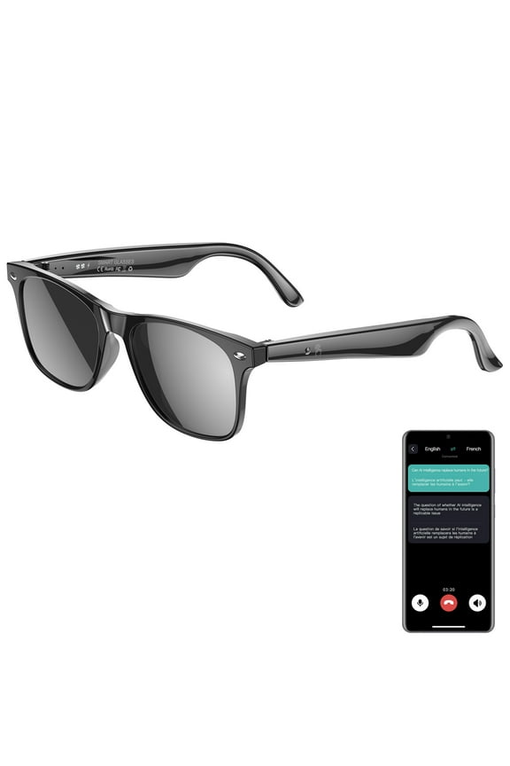 AI Bluetooth Call Smart Glasses Men & Women with 163 Real-time Translation Open Ear UV Protection Sunglasses, Noise Cancelling Microphone Music Playback, IP65 Waterproof