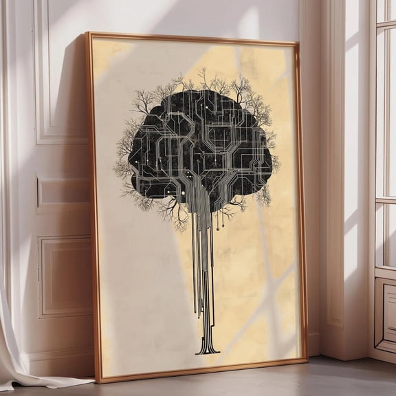 AI Brain Circuit Botanical Minimal Tech Nature Neural Network Tree Roots Modern Office Study Graphic Poster Unframed Paper Print