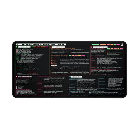 AI Coding Desk Mat 16x32 | Coding Cheat Sheet Desk Pad with Prompt Frameworks, Debugging System, Code Generation, Git Workflow | Neoprene
