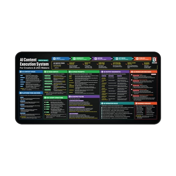 AI Content Execution System Desk Mat 32x16  AI Prompt Engineering Cheat Sheet Mouse Pad for Creators, UGC Makers, ChatGPT Workflow, Content Creation, Copywriting, Marketing & Productivity Setup