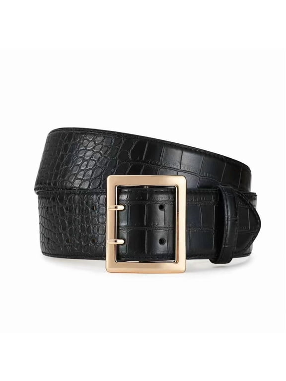 Women Wide Belts Fashion Thick Black Belt with Gold Double Prong Buckle Belt for Dresses