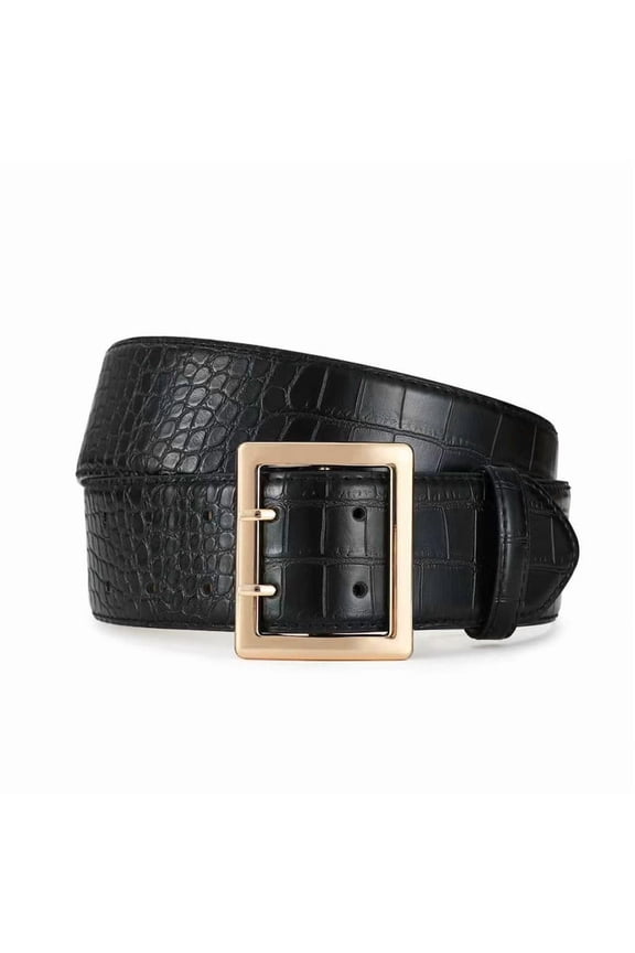 Women Wide Belts Fashion Thick Black Belt with Gold Double Prong Buckle Belt for Dresses