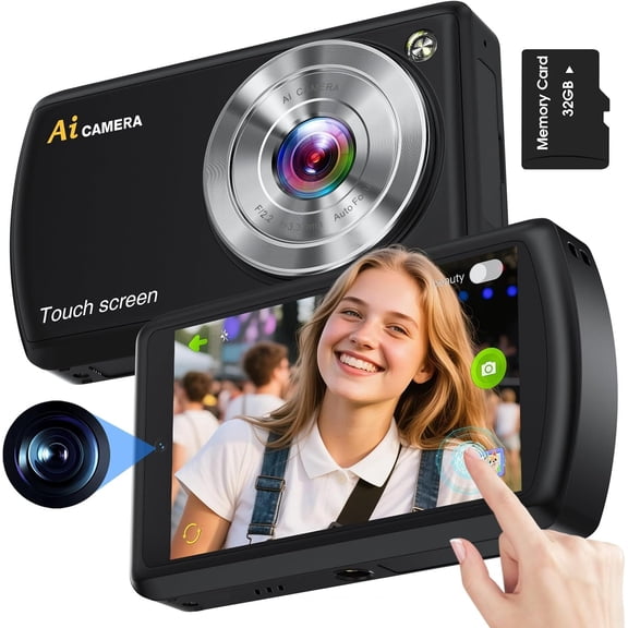 AI Digital Camera, Autofocus AI Camera Front and Rear Compact Digital Cameras for Photography with WiFi,Object Recognition, 3.6'' Screen, Digital Camera for Boys Girls (Black)