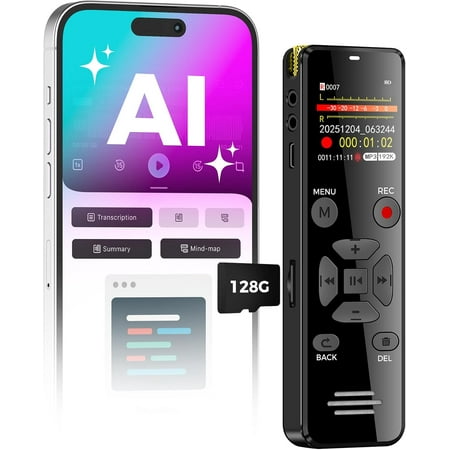 AI Digital Voice 128GB: AI Transcribe & Summarize Voice Activated with Playback | OTG - Portable Tape for Meeting & Lectures