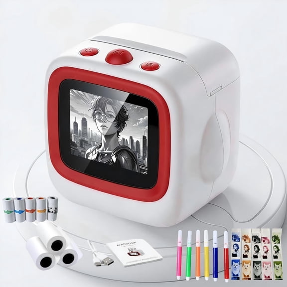 AI Drawing Printer for Kids, Instant Thermal Inkless Printer with Voice-to-Image Creation, 2.4" IPS Screen, 6 Art Styles, APP Connected Creative Learning Toy, 1300mAh Rechargeable Battery