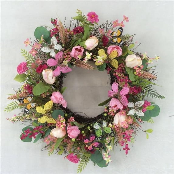AI-FL7110-Q01 Tulips, Butterflies & Berries Spring Wreath, Multi Color