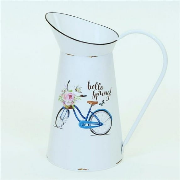 AI-GA93-428-Q01 Hello Spring White & Blue Bike with Flowers on a Metal Pitcher