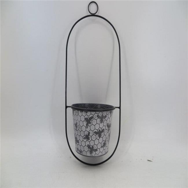 AI-GG9514-Q01 19 in. White Wash & Black Honey Comb Pattern & Bees Hanging Bucket Planter
