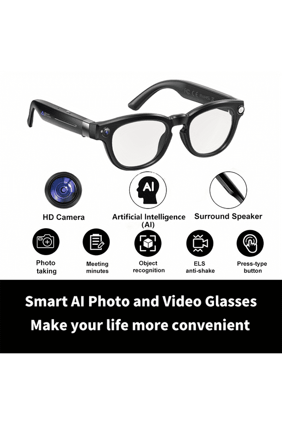 AI Glasses, 4K Ultra HD, Equipped with 8MP Camera, Take Photos/Videos Hands-Free Listen to Music Live Stream to Social Media Real-Time Translation Make Calls, Stylish Design with Tech Experience