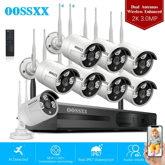 {AI Human Detected 2K 3.0MP} Wireless Security Camera System 8 Cameras, OOSSXX 8 Channel NVR HD Outdoor Home Surveillance WiFi Cameras System