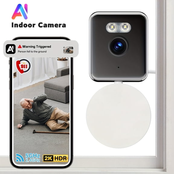 AI Indoor Window Security Camera: 2K WiFi, 360° Pan, Color Night Vision, Motion Tracking, 2-Way Audio, US Cloud, Emergency Alert