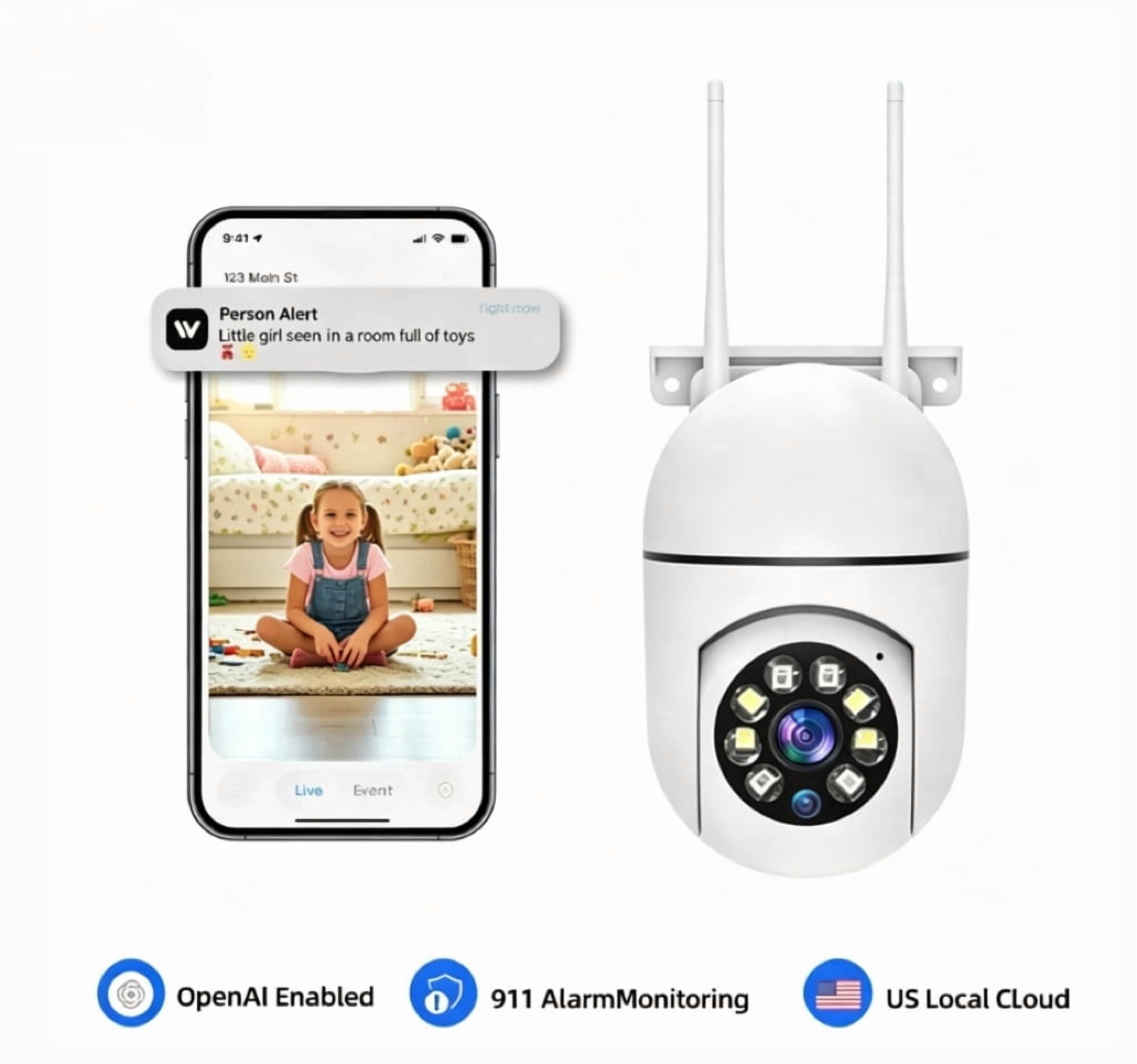 AI Intelligent Surveillance Camera - 911 Alarm Easy Install Quick Setup Full Color Night Vision Two Way Audio Motion Detection Security System