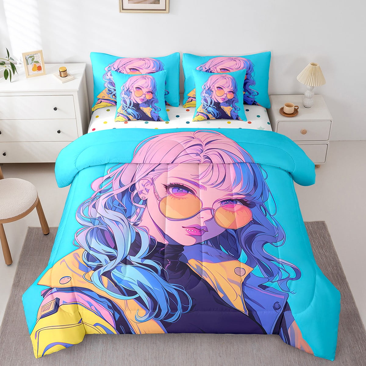 AI Japanese Girl Comforter Set 3D Anime Girl Bedding Full, Fashion Cool