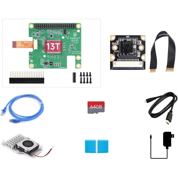AI Kit, Compatible with 5, Bundle with AI HAT+ 13T, PI5-IMX219-77 Camera, Cooler, 64GB TF Card, Cable and so on (8 Items)