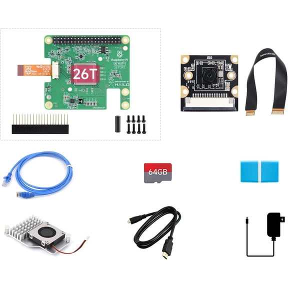 AI Kit, Compatible with 5, Bundle with AI HAT+ 26T, PI5-IMX219-77 Camera, Cooler, 64GB TF Card, Cable and so on (8 Items)