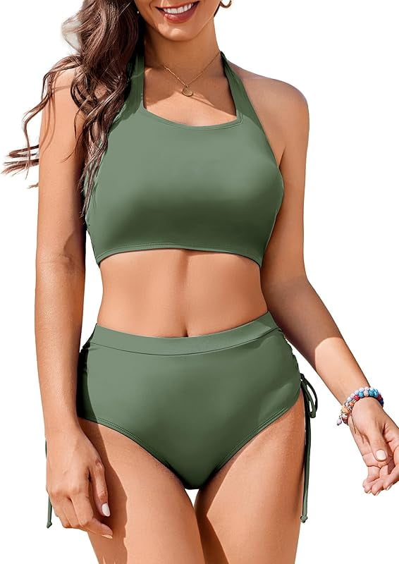 Womens High Waisted Bikini Sets Drawstring Tummy Control Swimsuits Crisscross Tie Back Bathing Suit