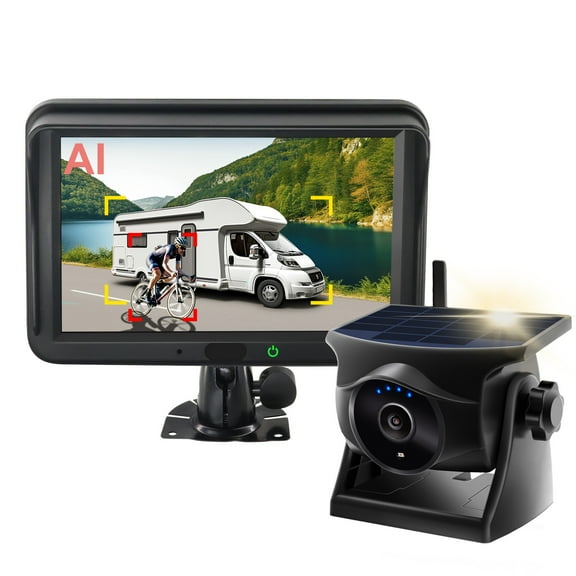 AI Magnetic Solar Wireless Backup Camera: Pedestrian & Vehicle Detection, 1-Min Install, No Wiring/Drilling, Gesture Control, Night Vision, 5" 1080P Monitor for RV, Trailer, Truck, Motorhome, Camper