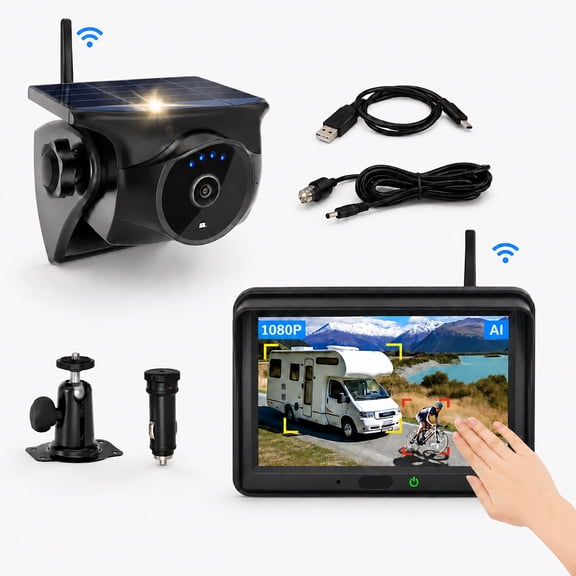 INSEETECH AI Solar Wireless Backup Camera with 5" 1080P Monitor, Night Vision & Gesture Control for Heavy-Duty Vehicles