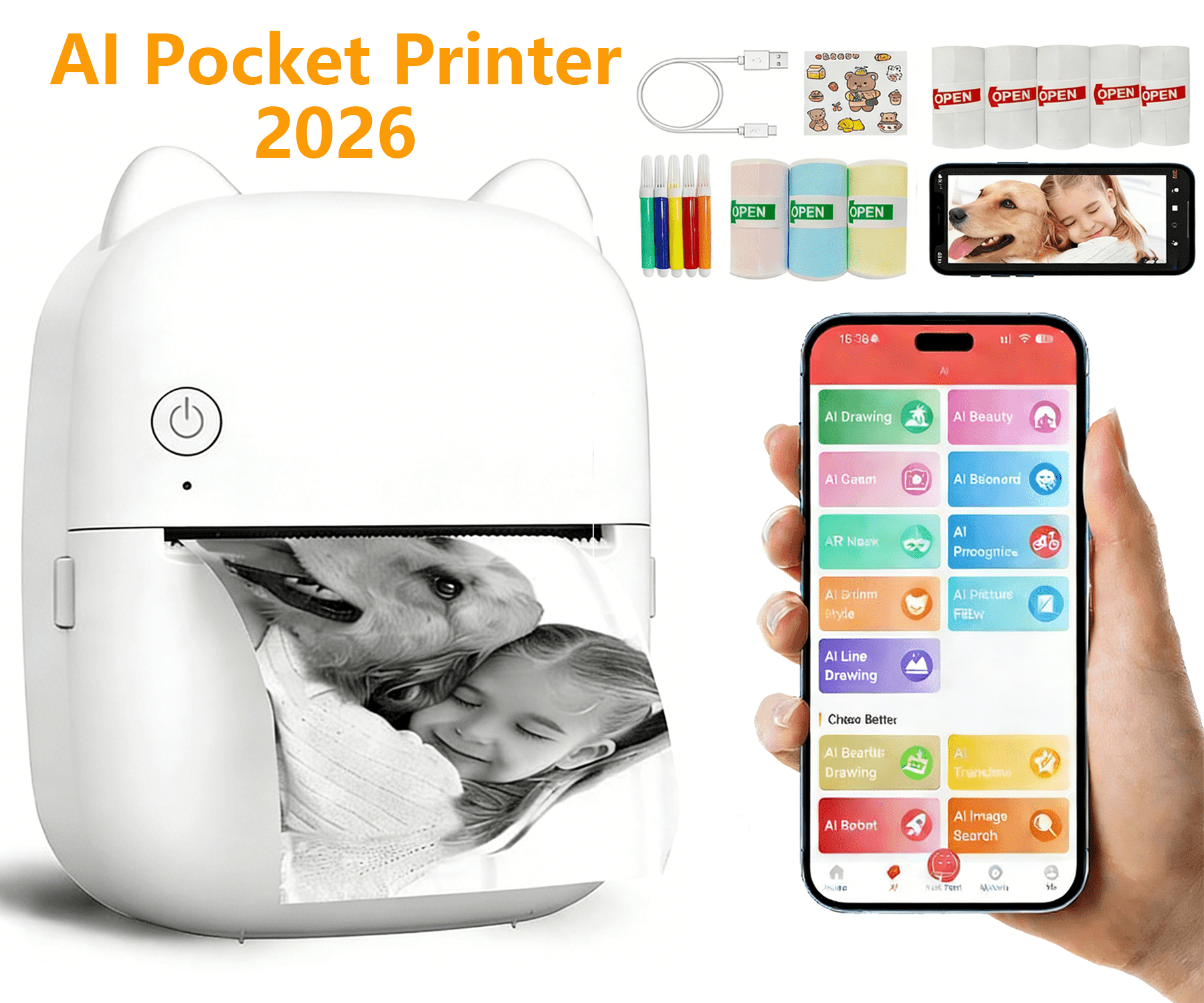 AI Mini Printer Portable, Inkless Sticker printer with 8 Rolls Paper, Bluetooth Wireless mini thermal printer Compatible with iOS + Android for Journal, Memo, Photo, Print Pod Gifts for Girls Kids