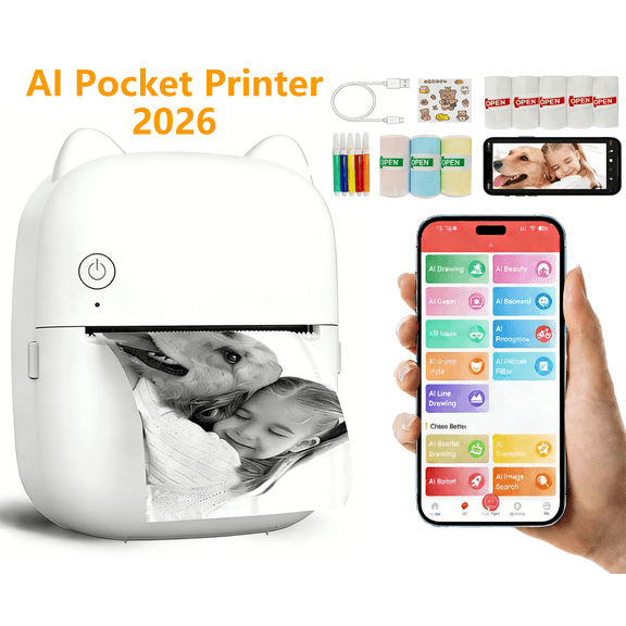 AI Mini Printer Portable, Inkless Sticker printer with 8 Rolls Paper, Bluetooth Wireless mini thermal printer Compatible with iOS + Android for Journal, Memo, Photo, Print Pod Gifts for Girls Kids