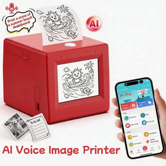 AI Mini Thermal Printer with Screen, Rechargeable Voice-to-Image Bluetooth Sticker Printer, Portable Inkless Pocket Printer for Journaling, DIY Labels, Notes & Creative Printing