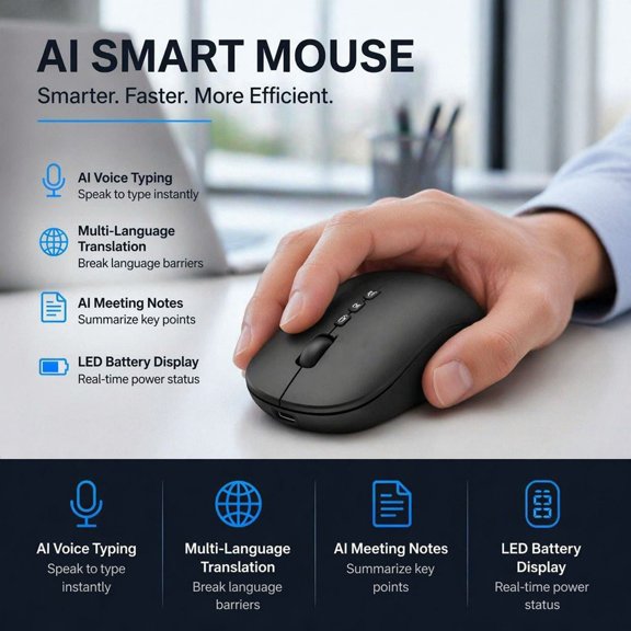 AI Mouse with Voice Typing, Wireless Bluetooth AI Mouse with Voice to Text Recorder, Multi Language Speech to Text Silent Ergonomic Rechargeable Mouse for PC, Laptop, Computer